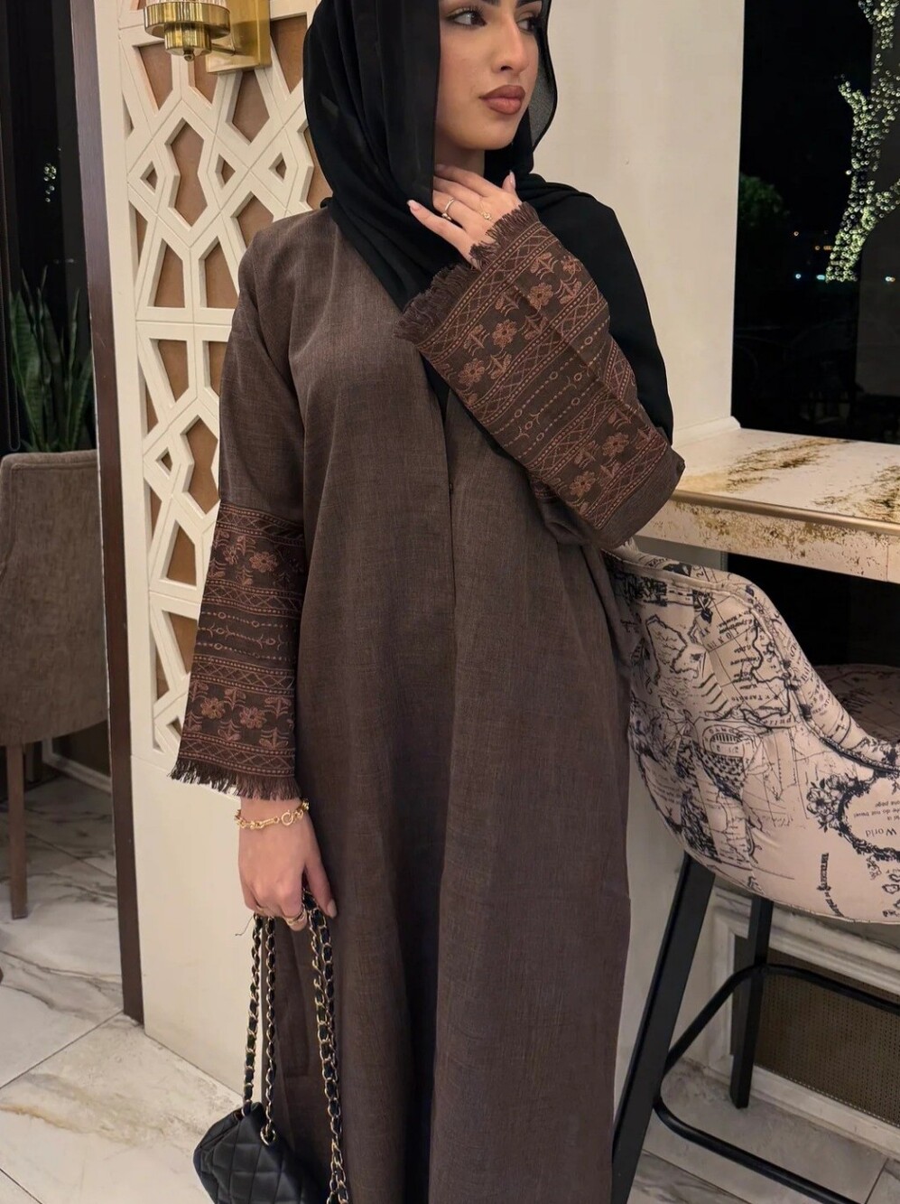 Brown Linen Abaya 2 PC Dress with Hijab - Glamabayas SIZE 60